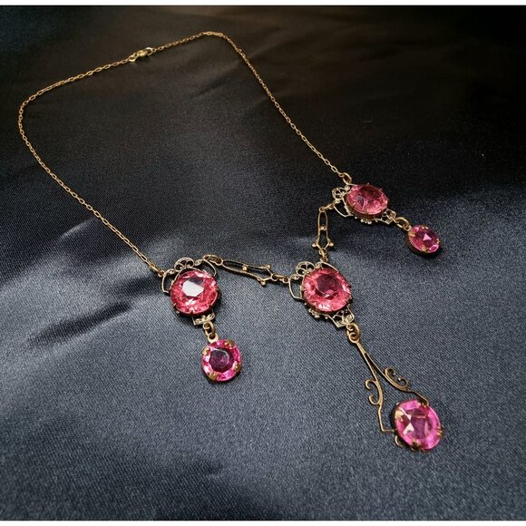 Rare Find Antique 1920s Czechoslovakian Necklace With Pink Glass Stones & Ornate - Picture 1 of 4